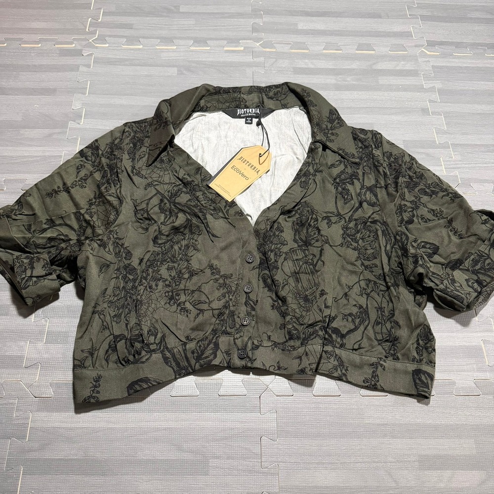 Disturbia Size 14 Olive Green Botanical Print Cropped Shirt NWT